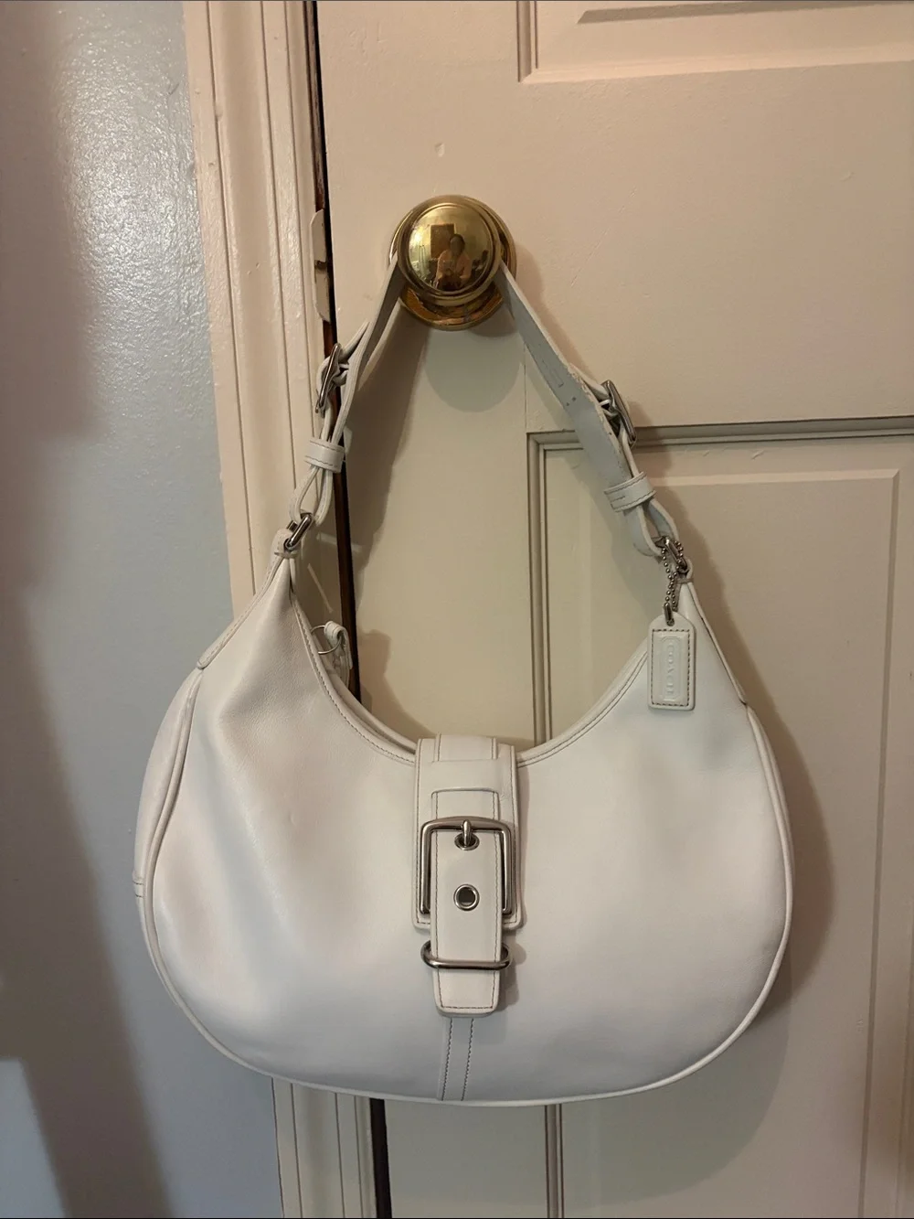 Coach White Leather Shoulder Hobo with Buckle Accent